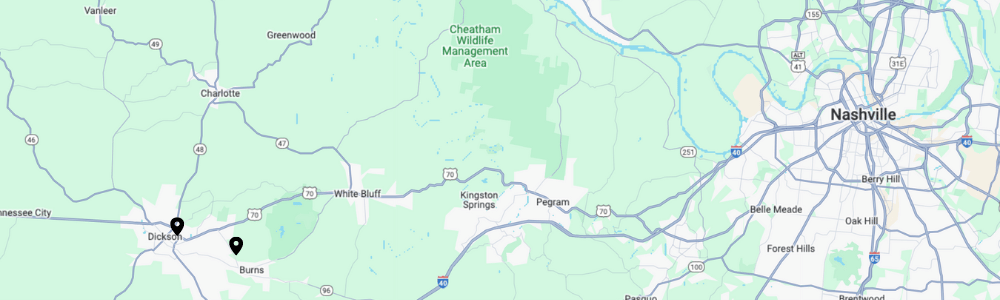 Map showing Freeman Recovery's locations in Dickson and Burns.